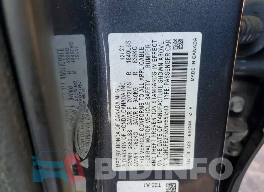 2HGFE2F5XNH553513 Photo# 12