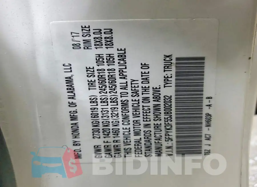 5FPYK3F55JB002032 Photo# 12