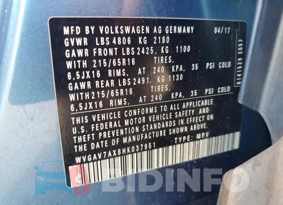 WVGAV7AX8HK037951 Photo# 13