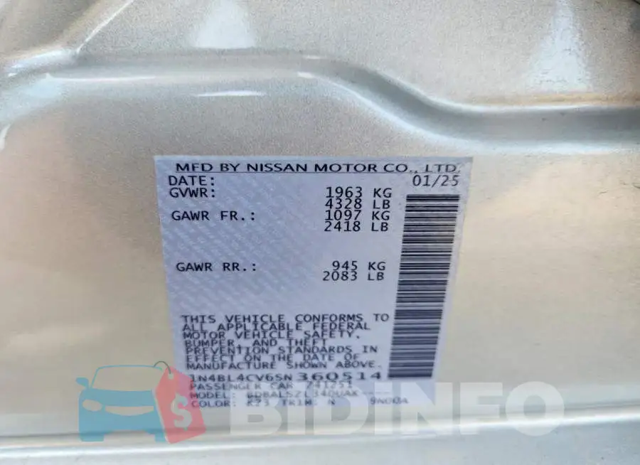 1N4BL4CV6SN360514 Photo# 13