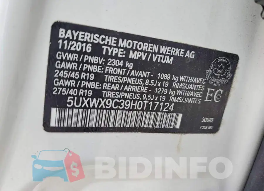 5UXWX9C39H0T17124 Photo# 14