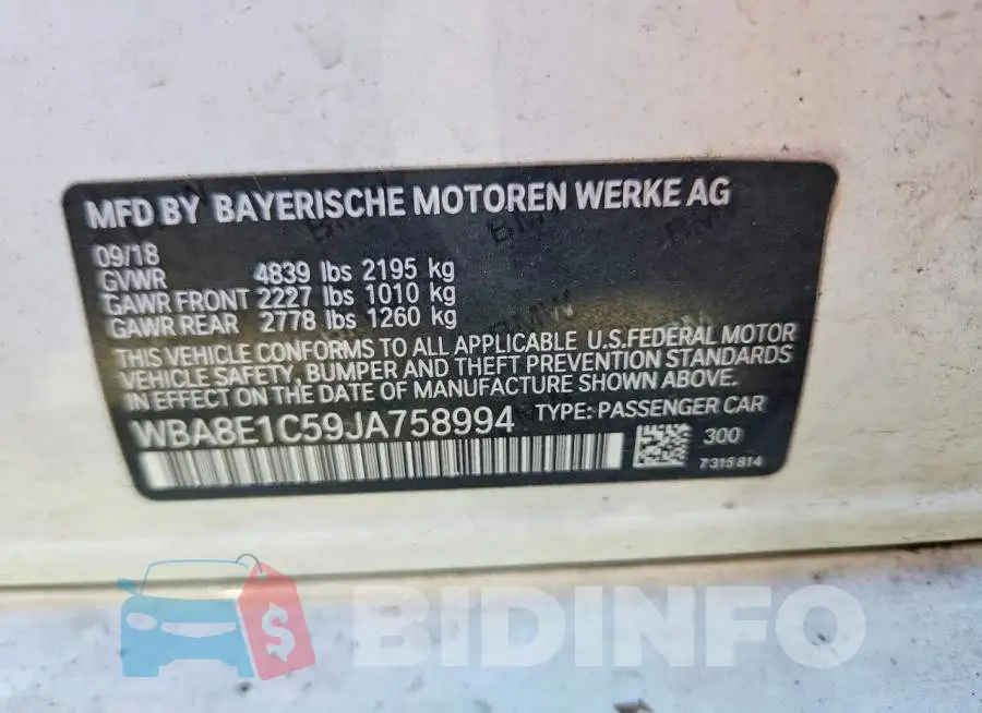 WBA8E1C59JA758994 Photo# 12