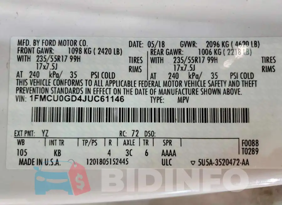 1FMCU0GD4JUC61146 Photo# 13