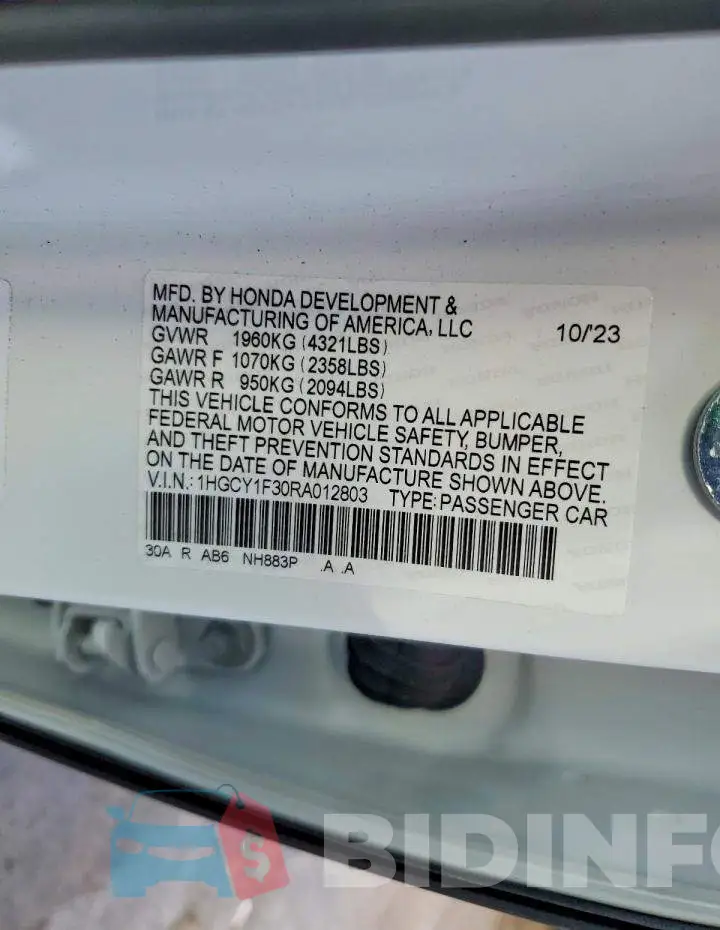 1HGCY1F30RA012803 Photo# 12