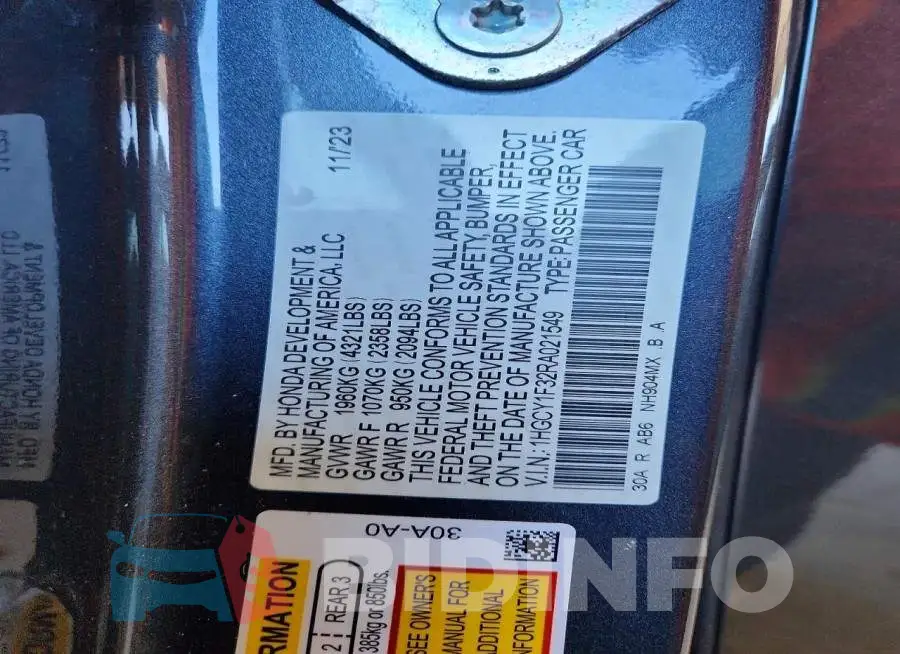 1HGCY1F32RA021549 Photo# 12