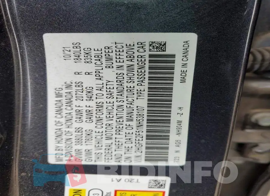 2HGFE2F51NH538107 Photo# 12