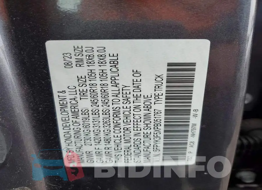 5FPYK3F5XPB051767 Photo# 13
