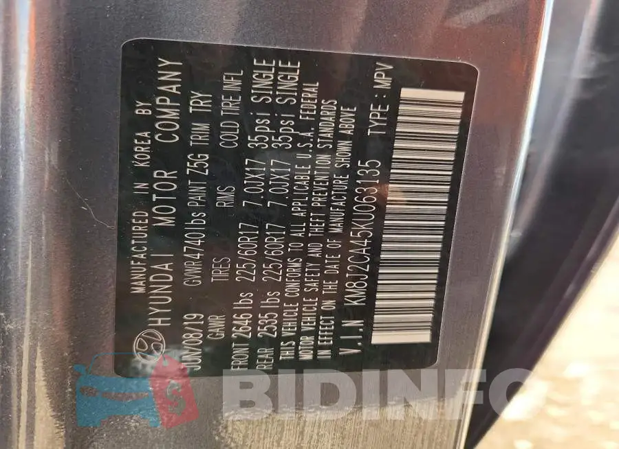 KM8J2CA45KU063135 Photo# 13