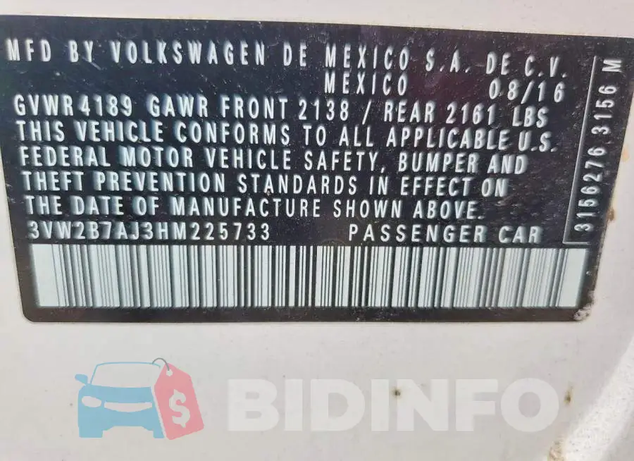 3VW2B7AJ3HM225733 Photo# 12