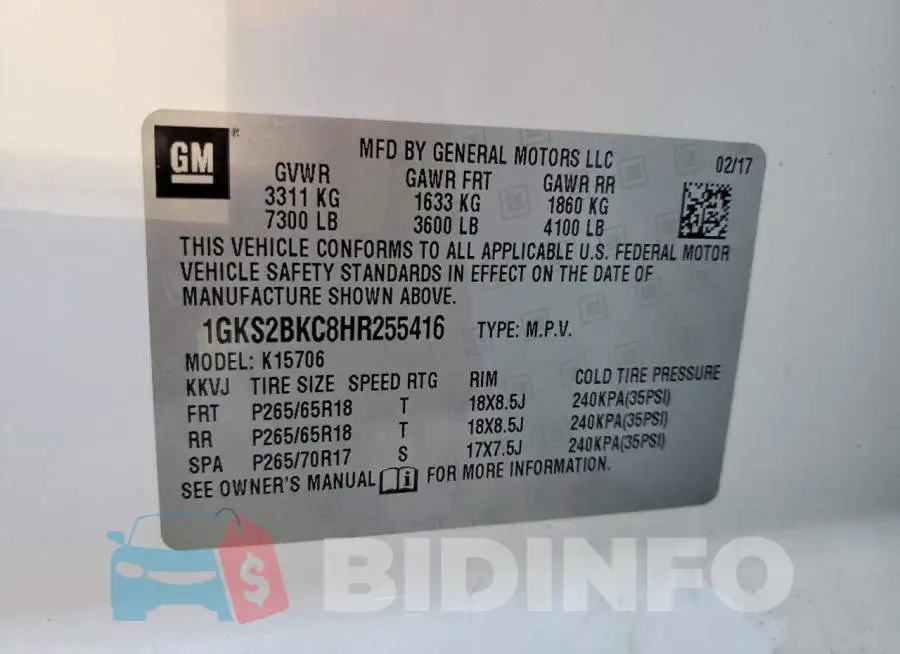 1GKS2BKC8HR255416 Photo# 13