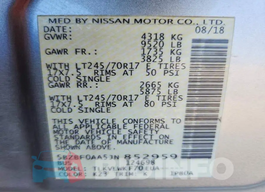 5BZBF0AA5JN852959 Photo# 14