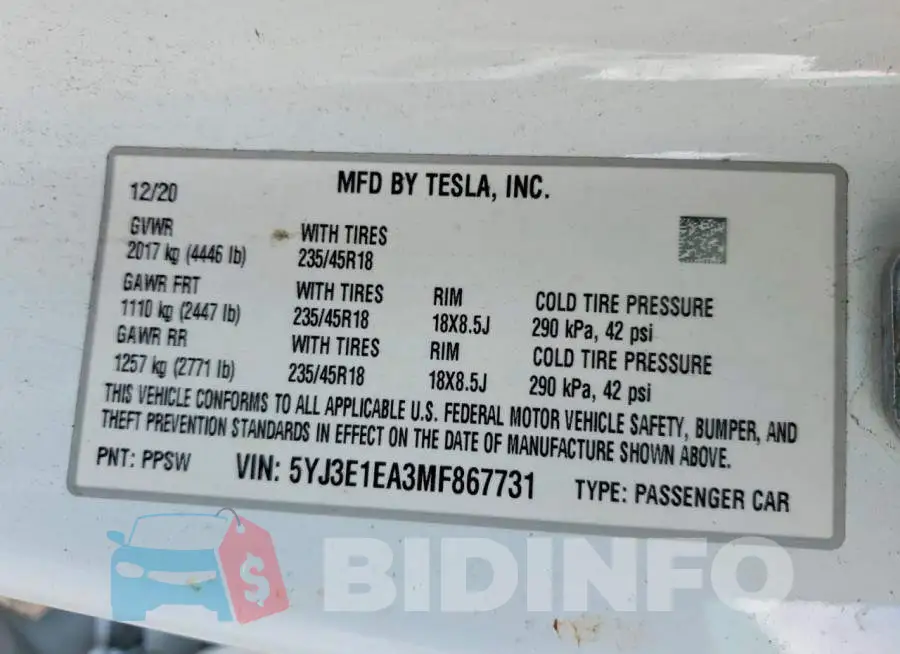 5YJ3E1EA3MF867731 Photo# 12