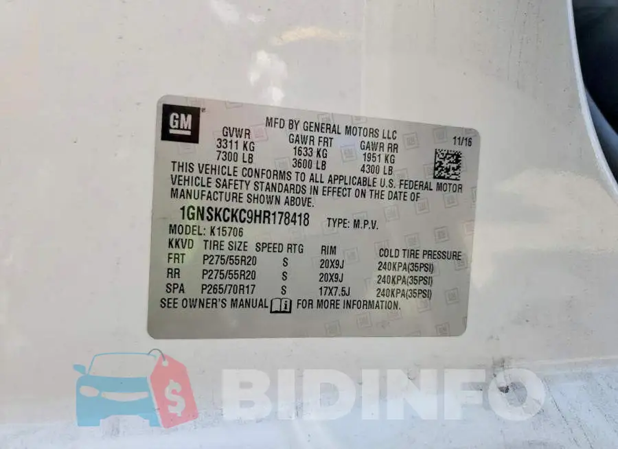 1GNSKCKC9HR178418 Photo# 13