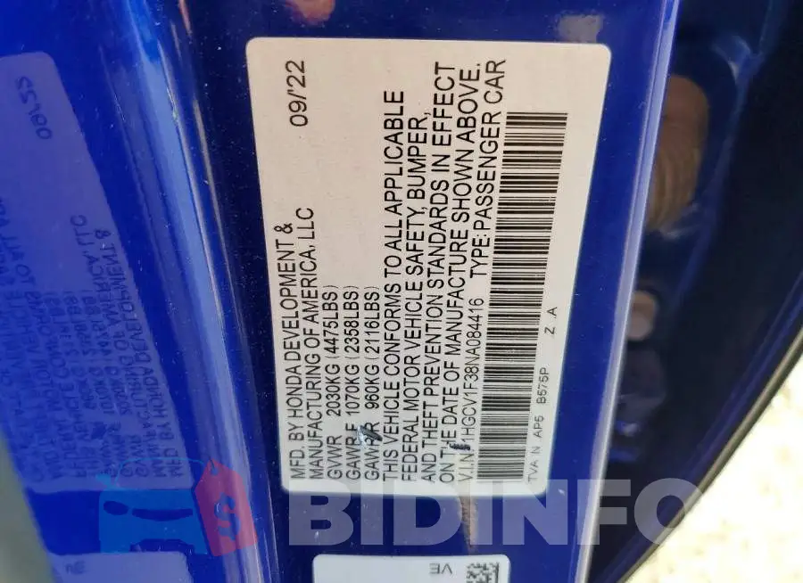 1HGCV1F38NA084416 Photo# 12