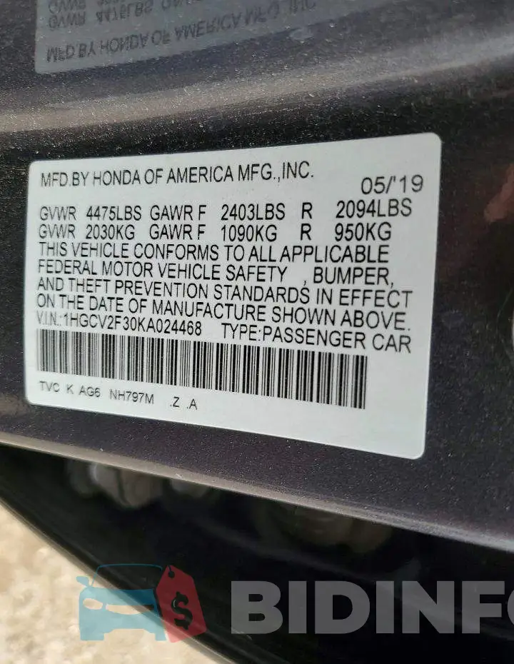 1HGCV2F30KA024468 Photo# 13
