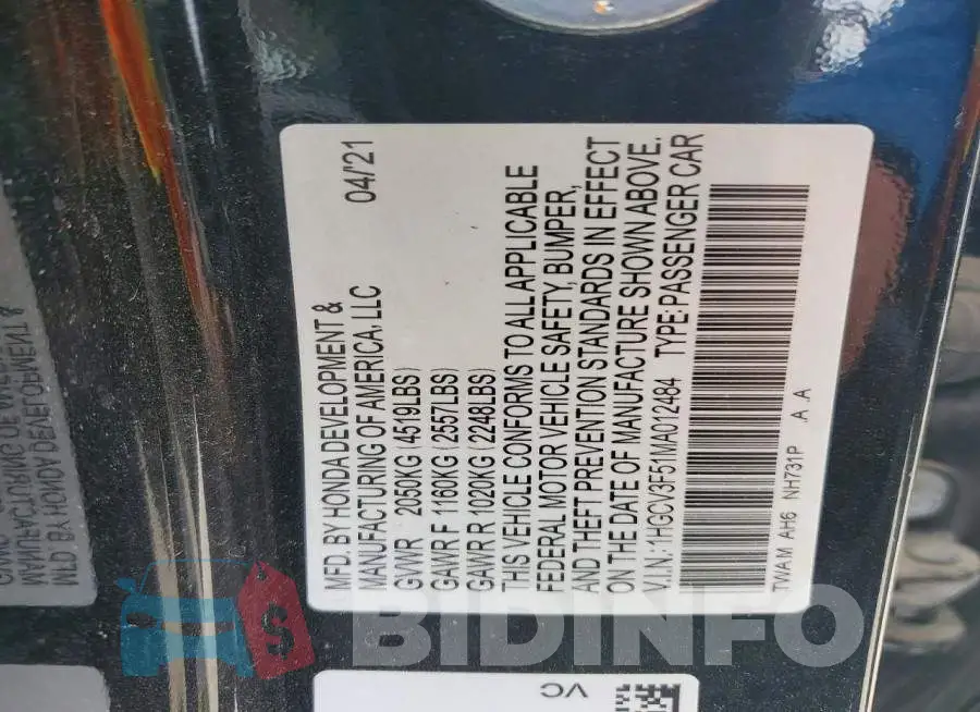 1HGCV3F51MA012484 Photo# 12