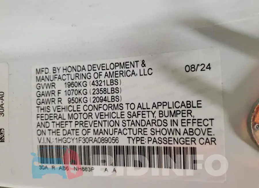 1HGCY1F30RA089056 Photo# 13