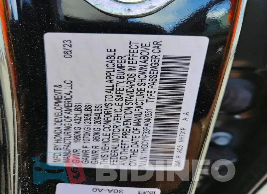 1HGCY1F33PA040351 Photo# 12