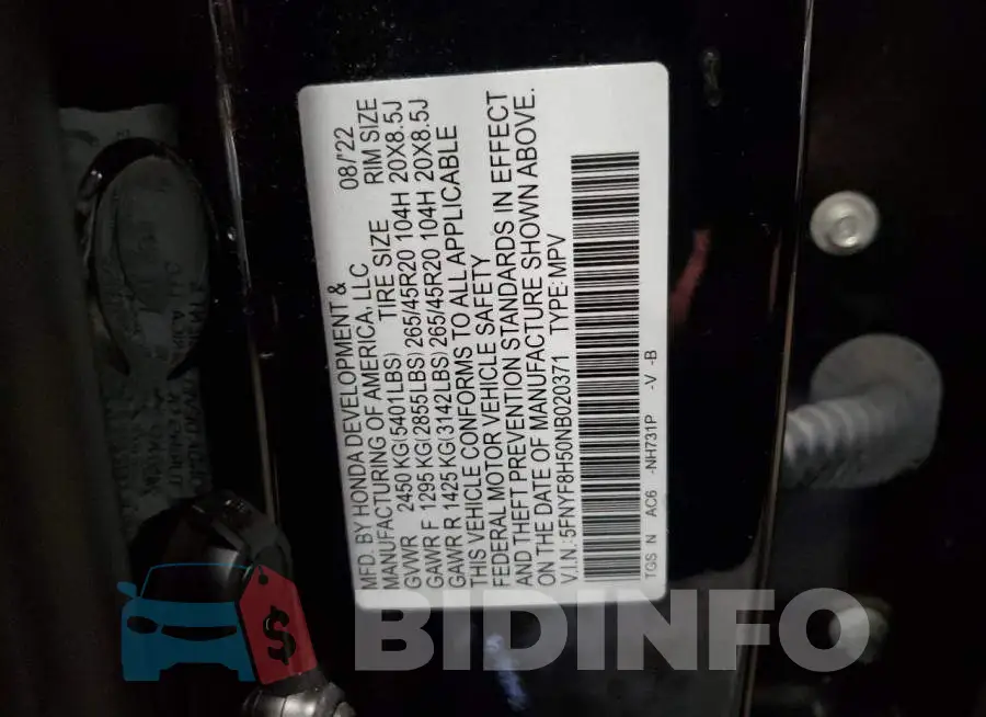 5FNYF8H50NB020371 Photo# 13