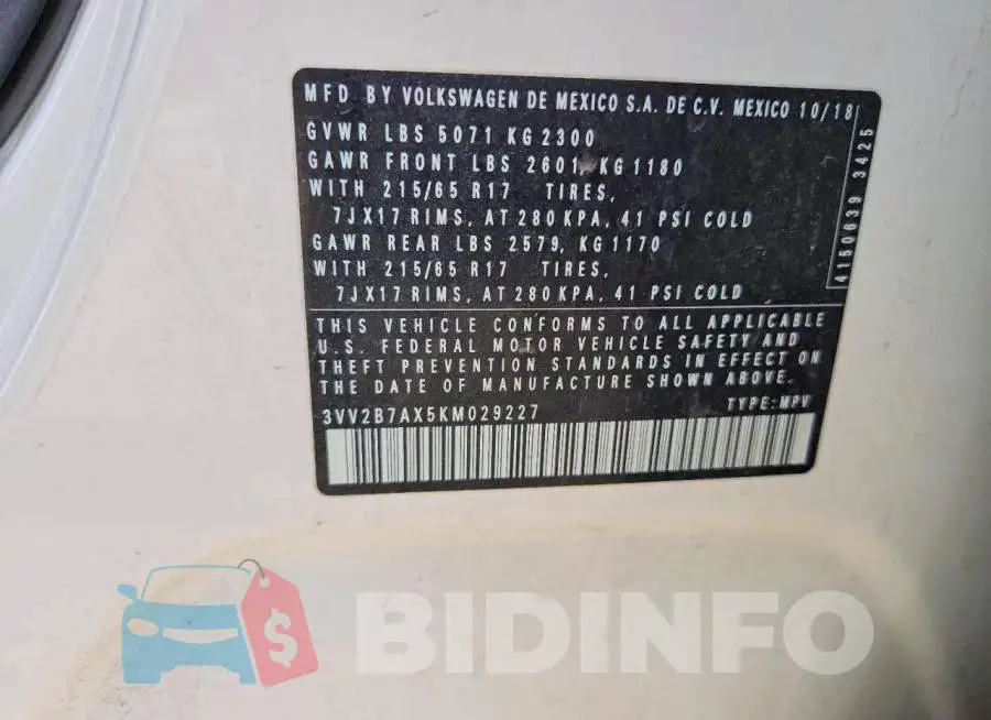 3VV2B7AX5KM029227 Photo# 13