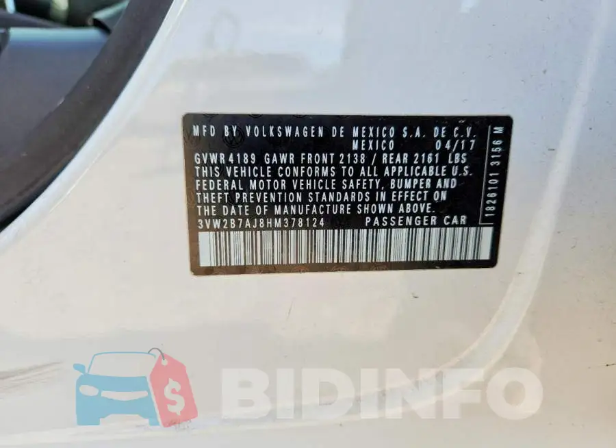 3VW2B7AJ8HM378124 Photo# 13