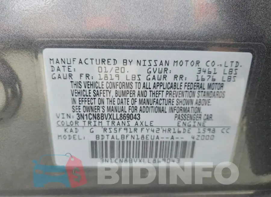 3N1CN8BVXLL869043 Photo# 13