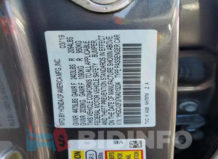 1HGCV2F37KA015234 Photo# 12