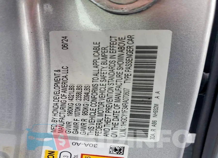 1HGCY1F34RA070607 Photo# 12
