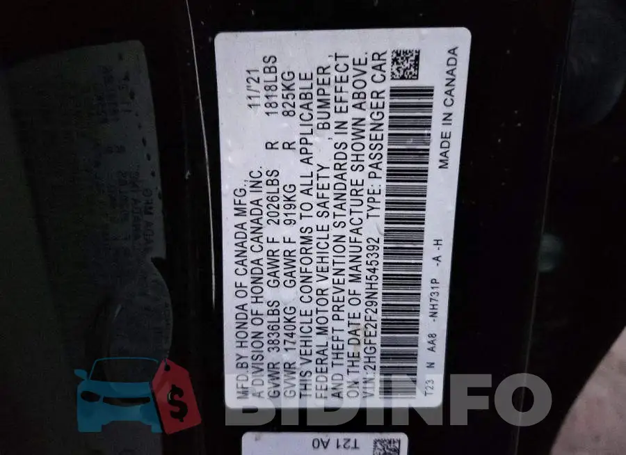 2HGFE2F29NH545392 Photo# 12