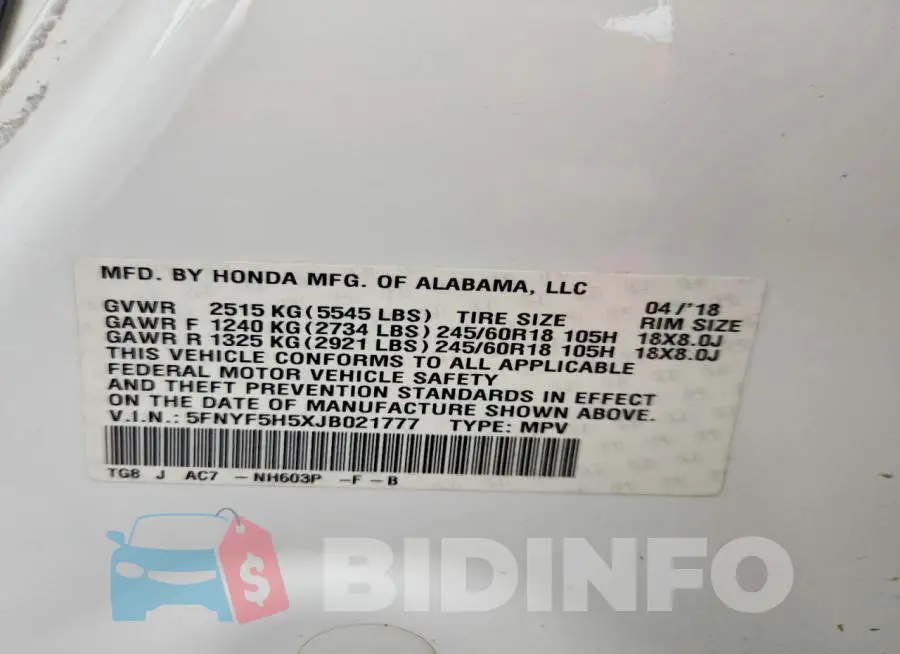 5FNYF5H5XJB021777 Photo# 13