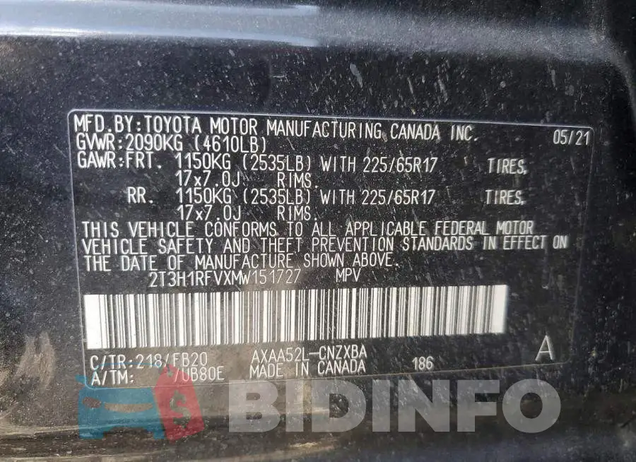 2T3H1RFVXMW151727 Photo# 13