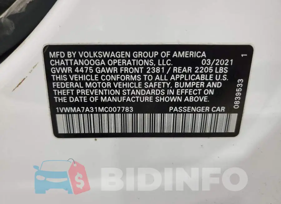 1VWMA7A31MC007783 Photo# 12