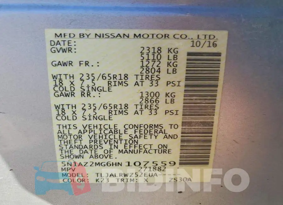 5N1AZ2MG6HN107559 Photo# 13