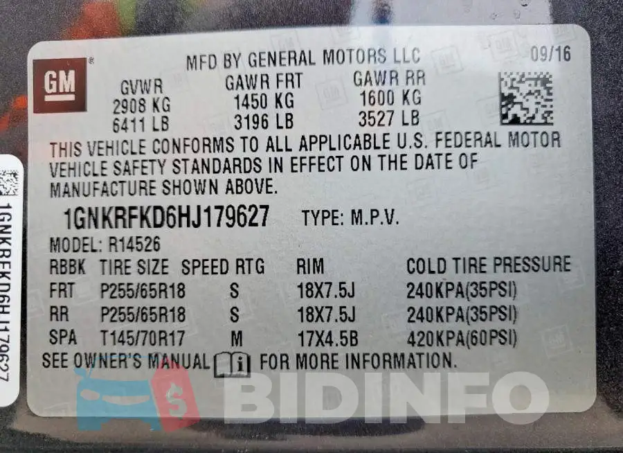 1GNKRFKD6HJ179627 Photo# 14