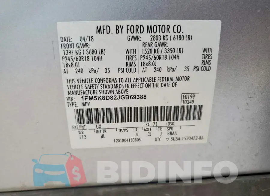 1FM5K8D82JGB69388 Photo# 13