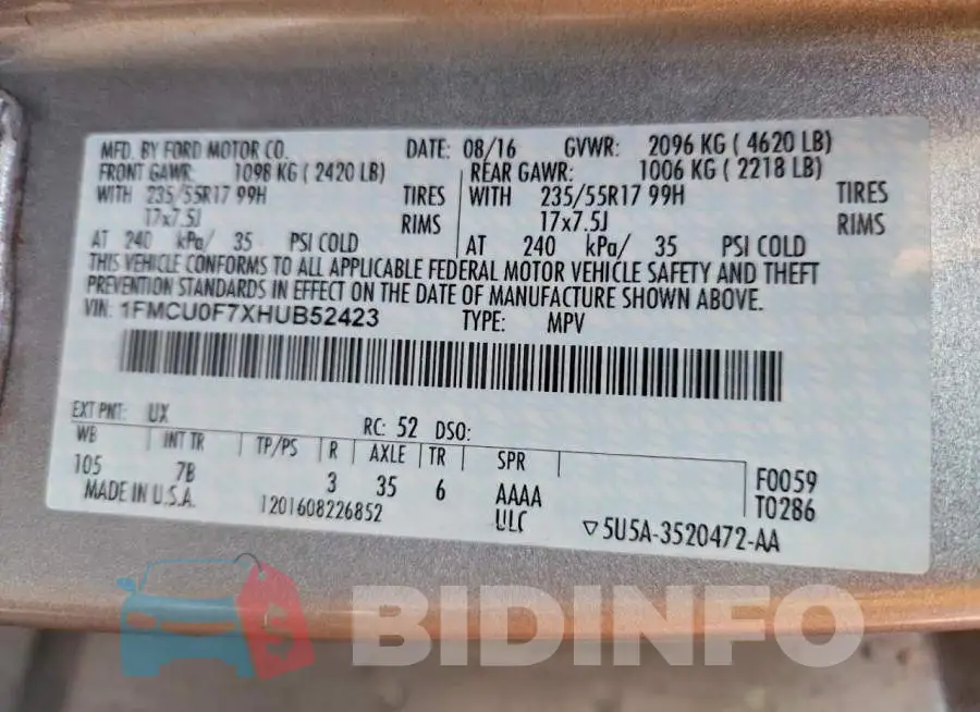 1FMCU0F7XHUB52423 Photo# 13