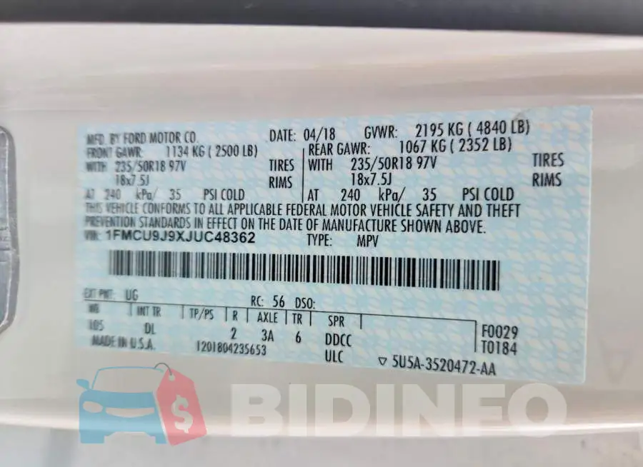 1FMCU9J9XJUC48362 Photo# 13