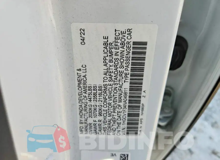 1HGCV1F34NA049811 Photo# 12