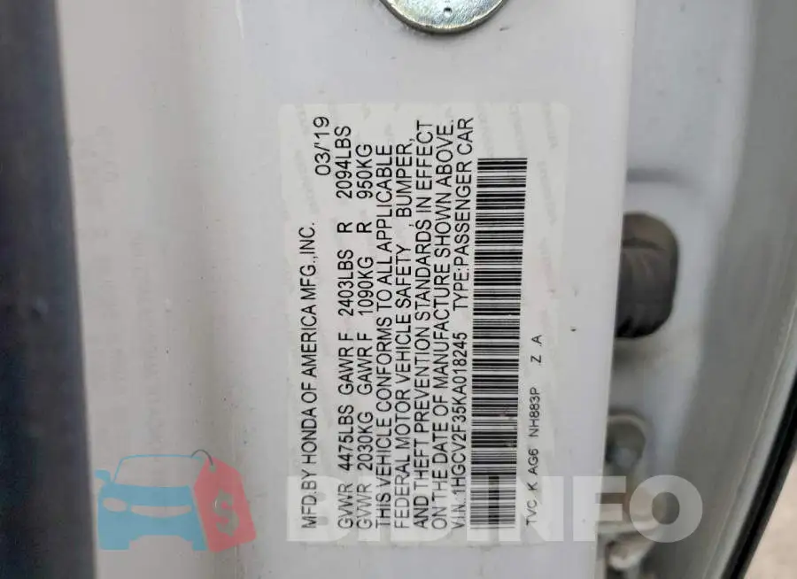 1HGCV2F35KA018245 Photo# 12