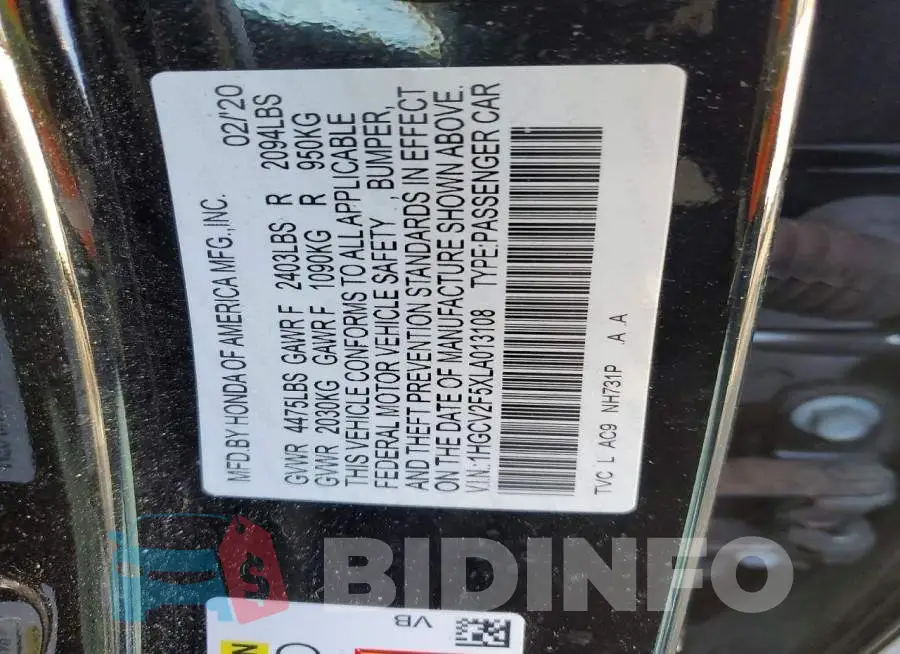 1HGCV2F5XLA013108 Photo# 12