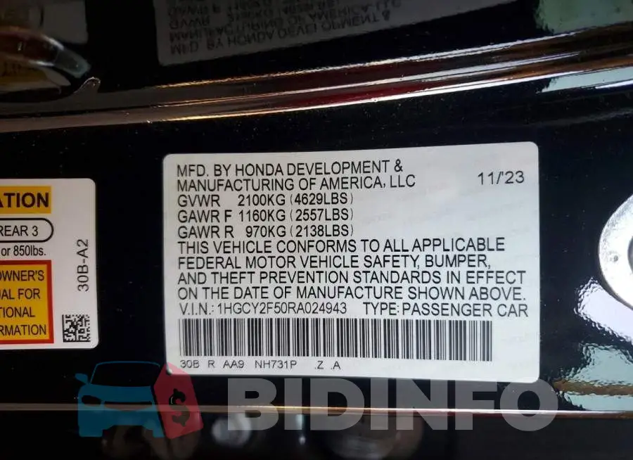 1HGCY2F50RA024943 Photo# 12