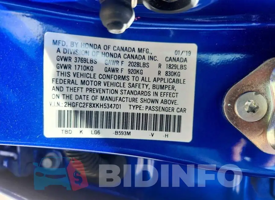 2HGFC2F8XKH534701 Photo# 12