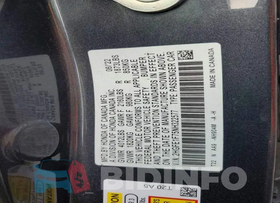 2HGFE1F75NH322577 Photo# 13