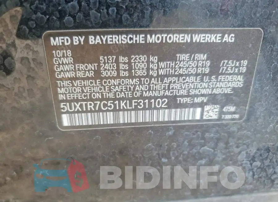 5UXTR7C51KLF31102 Photo# 12