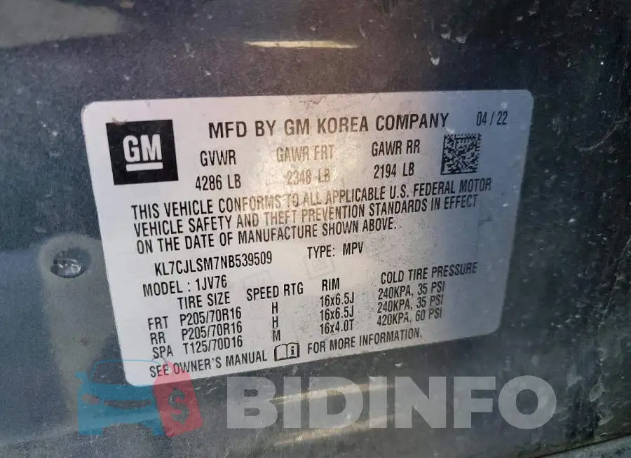 KL7CJLSM7NB539509 Photo# 13