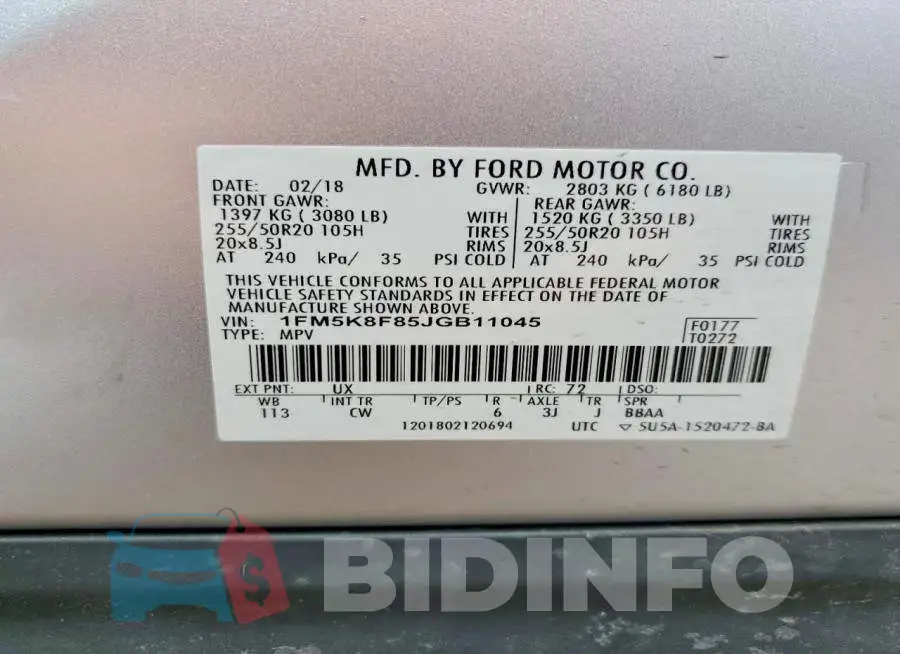 1FM5K8F85JGB11045 Photo# 13