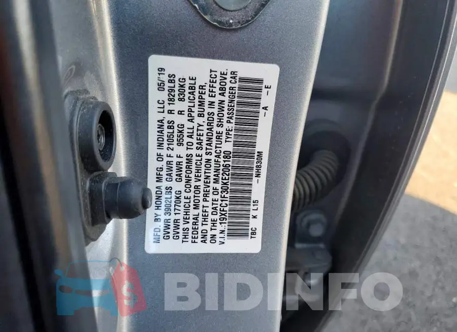 19XFC1F30KE206180 Photo# 12
