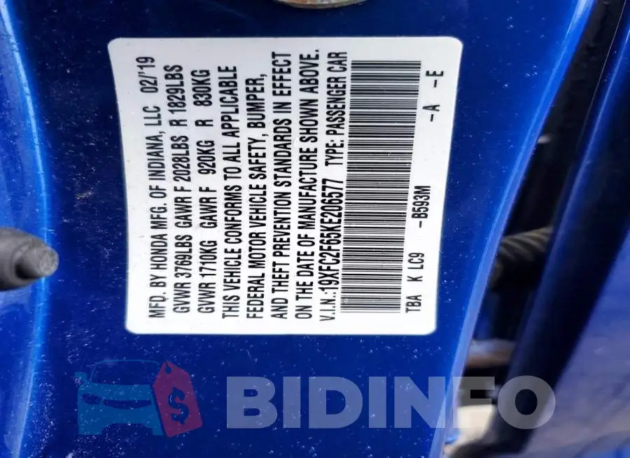 19XFC2F65KE206577 Photo# 12