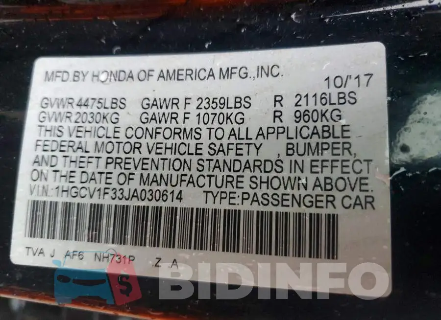 1HGCV1F33JA030614 Photo# 13