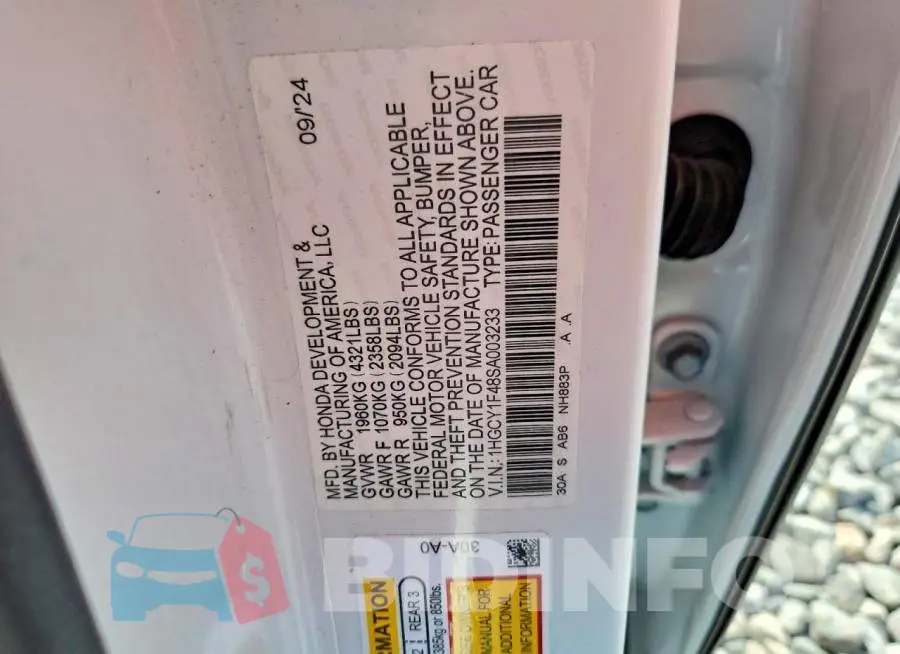 1HGCY1F48SA003233 Photo# 12